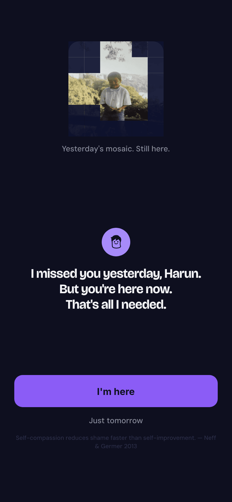 Forgiveness screen after a missed day