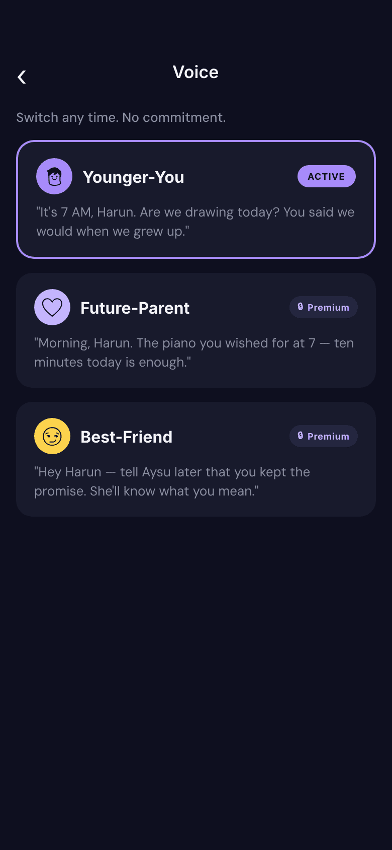 Voice picker — younger-you, future-parent, best-friend
